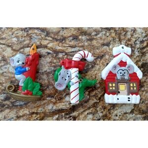 Vtg Ceramic Christmas Mouse Ornaments 2-Sided Handpainted Candy Cane House Lot/3